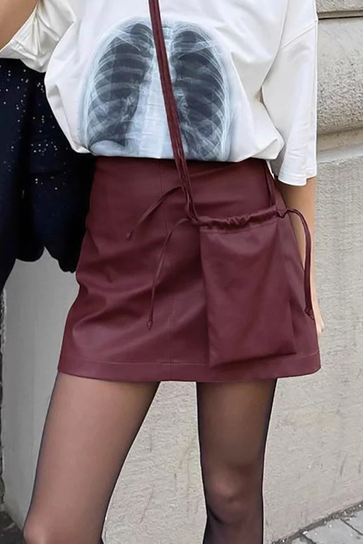 Red Matte Leather Skirt - Image 4