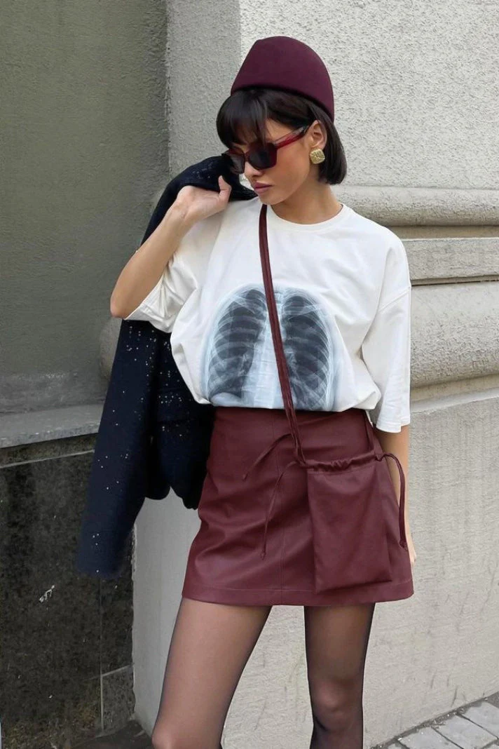 Red Matte Leather Skirt - Image 7
