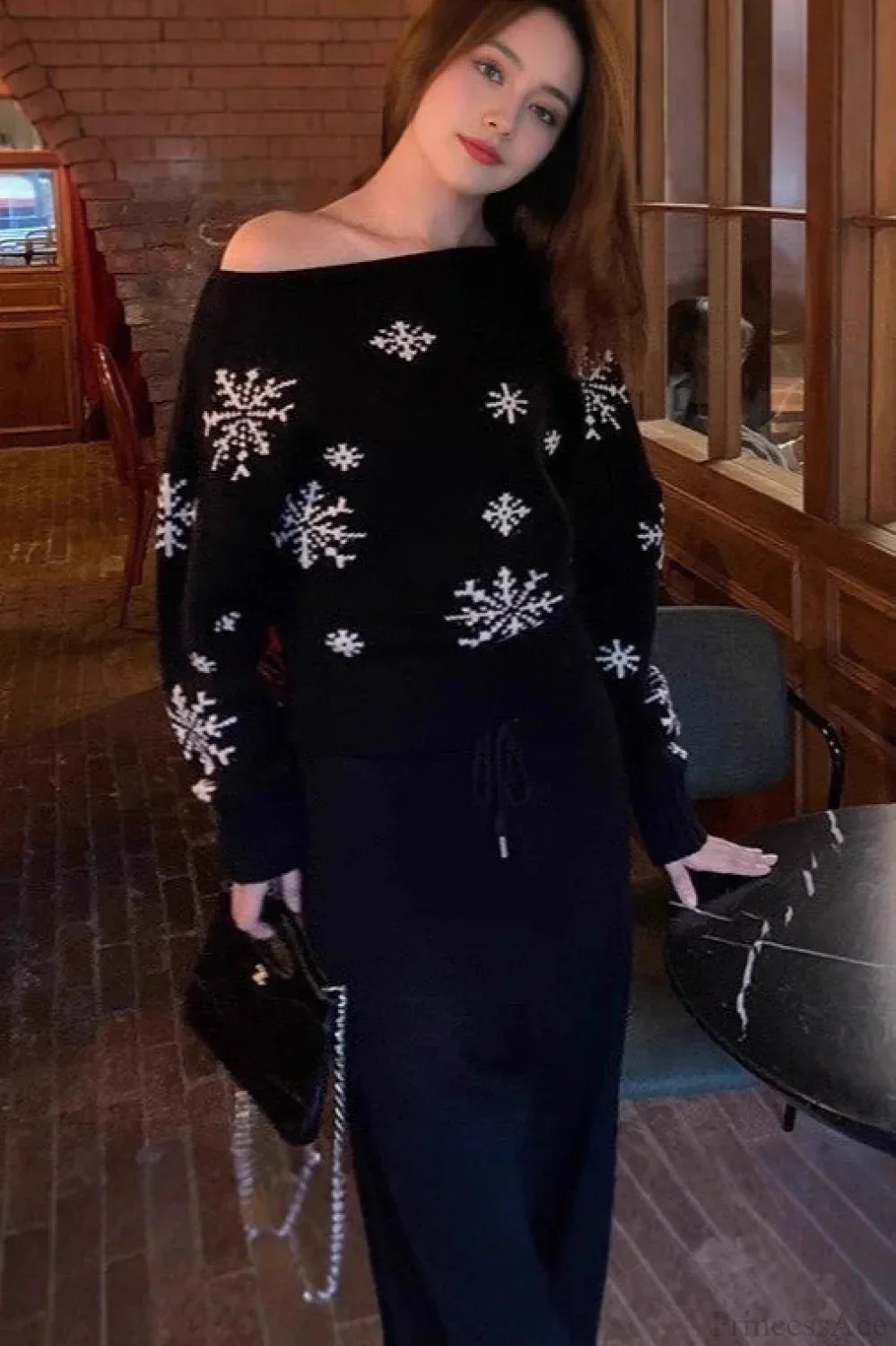 Red Snowflake Christmas Off Shoulder Pullover Sweater - Image 3