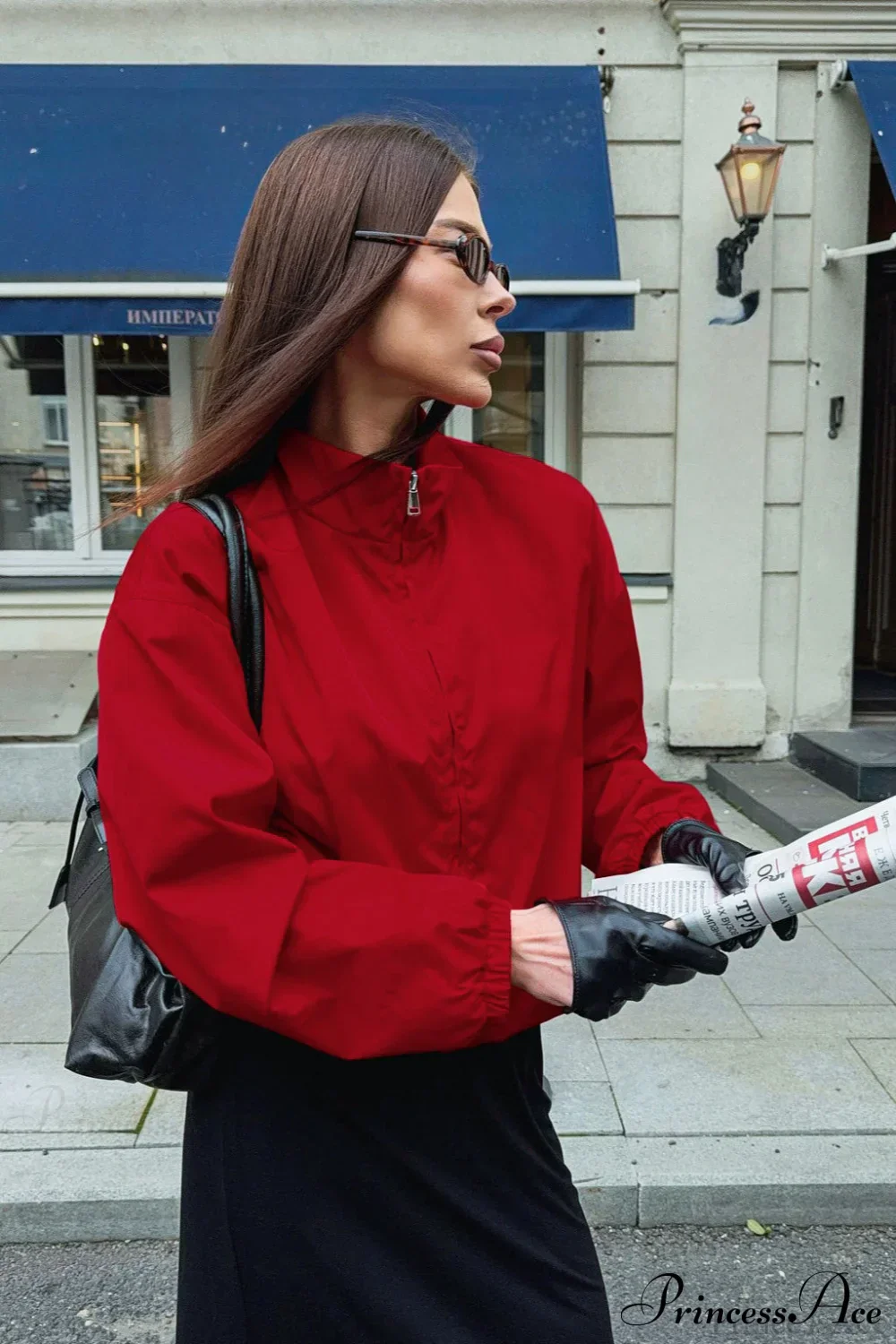 Red Stand Collar Zip Windproof Coat - Image 2
