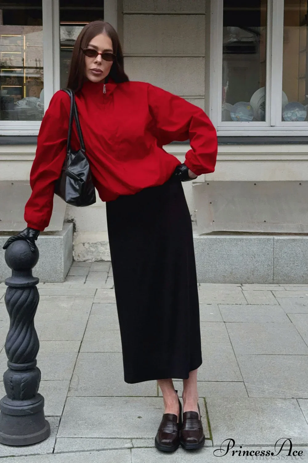 Red Stand Collar Zip Windproof Coat - Image 3