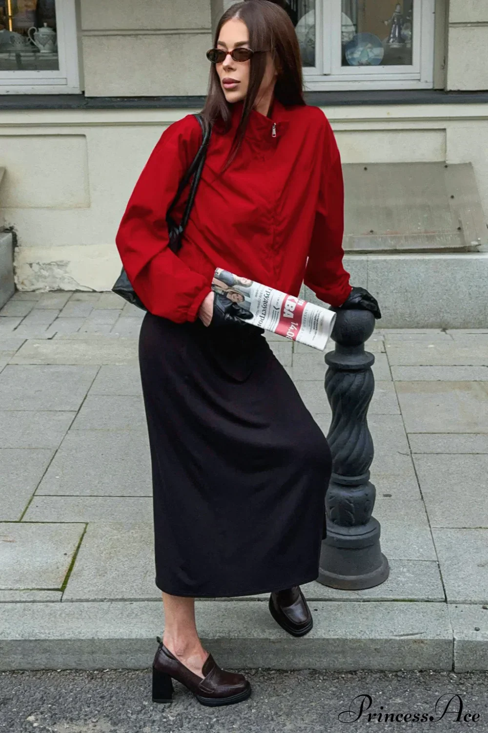 Red Stand Collar Zip Windproof Coat - Image 4