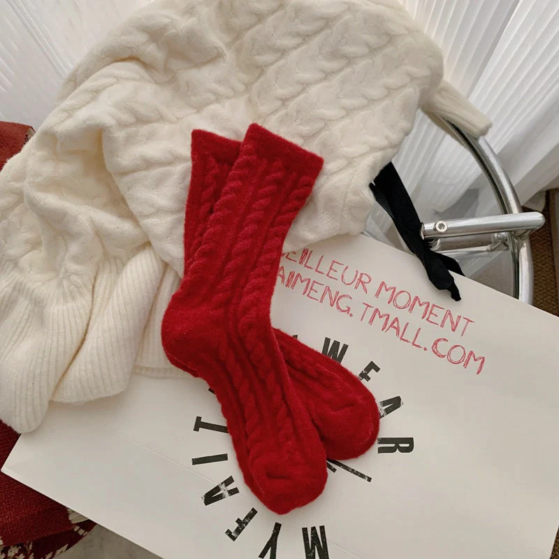 Red Striped Cashmere Blend Warm Mid Calf Socks - Image 10