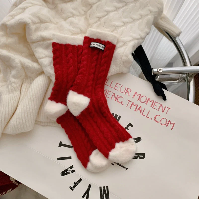 Red Striped Cashmere Blend Warm Mid Calf Socks - Image 11