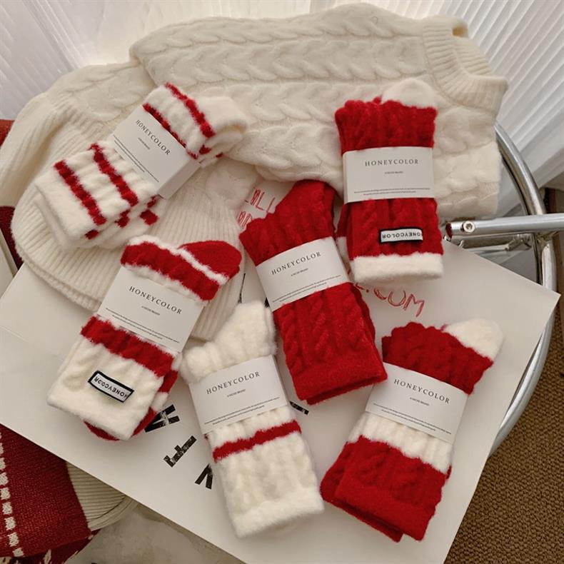 Red Striped Cashmere Blend Warm Mid Calf Socks - Image 2