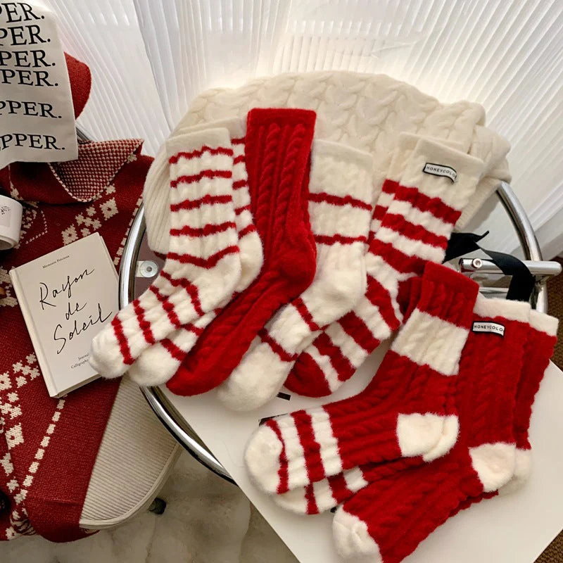 Red Striped Cashmere Blend Warm Mid Calf Socks - Image 3