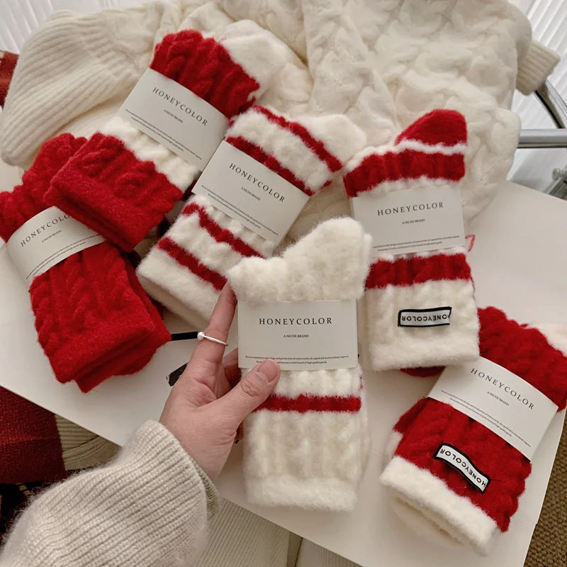Red Striped Cashmere Blend Warm Mid Calf Socks - Image 4