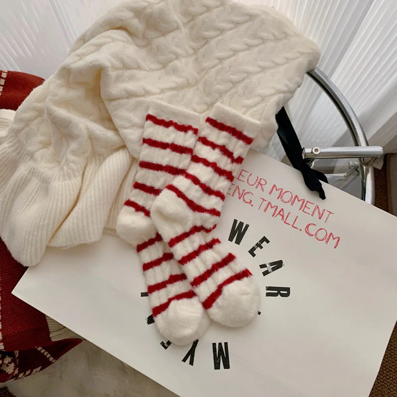Red Striped Cashmere Blend Warm Mid Calf Socks - Image 6