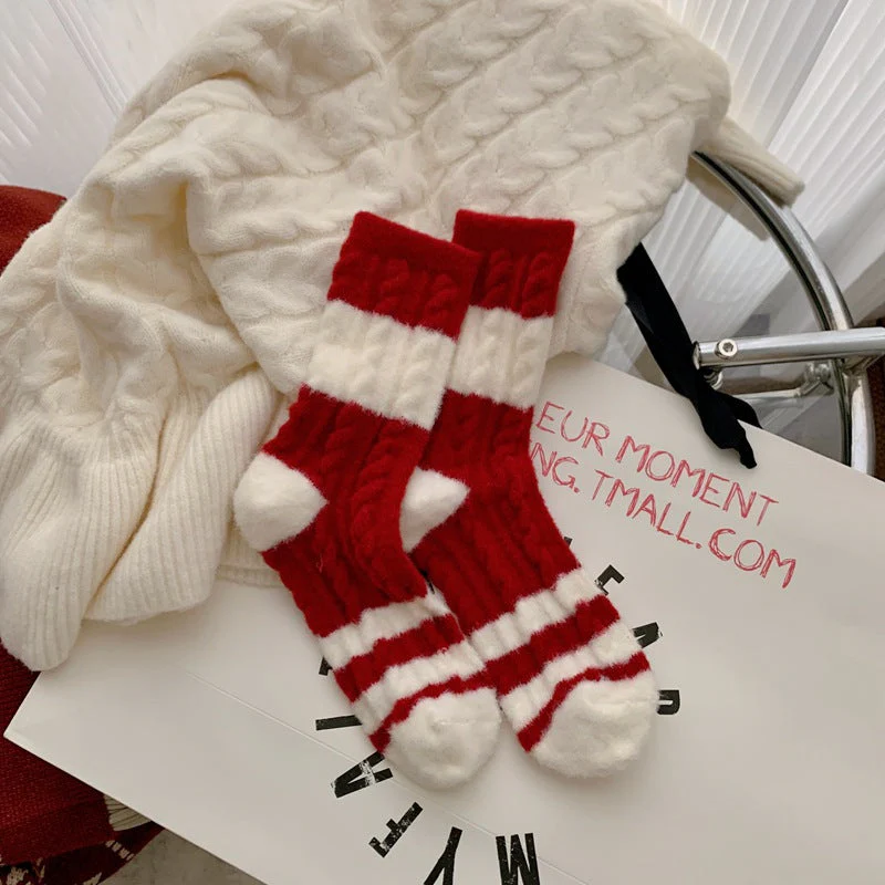 Red Striped Cashmere Blend Warm Mid Calf Socks - Image 7