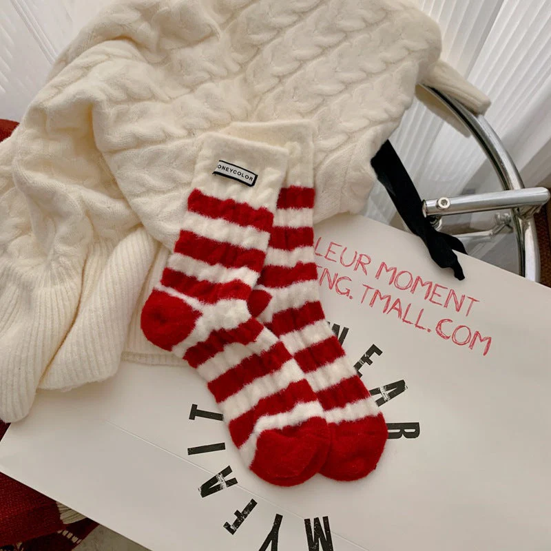 Red Striped Cashmere Blend Warm Mid Calf Socks - Image 8