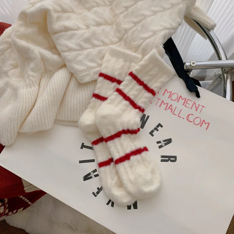 Red Striped Cashmere Blend Warm Mid Calf Socks - Image 9