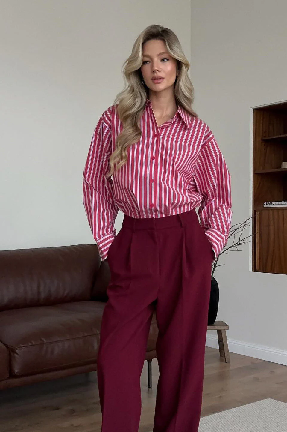 Red Striped Long Sleeve Distinctive British Blouse - Image 2
