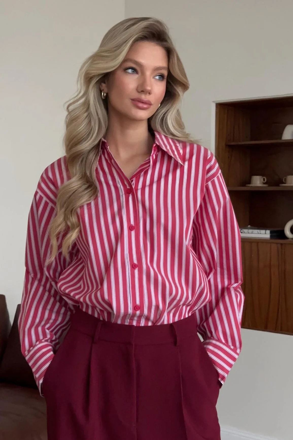 Red Striped Long Sleeve Distinctive British Blouse - Image 3