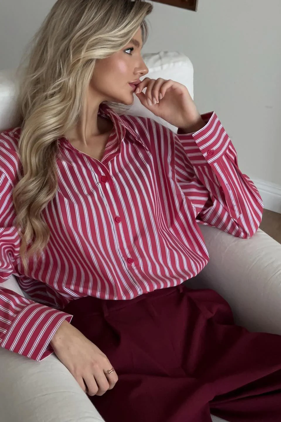 Red Striped Long Sleeve Distinctive British Blouse - Image 4