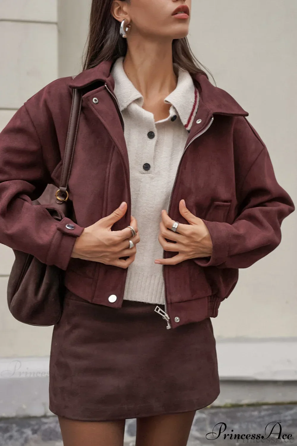 Reddish Brown Suede Collared Oversized Retro Coat - Image 2