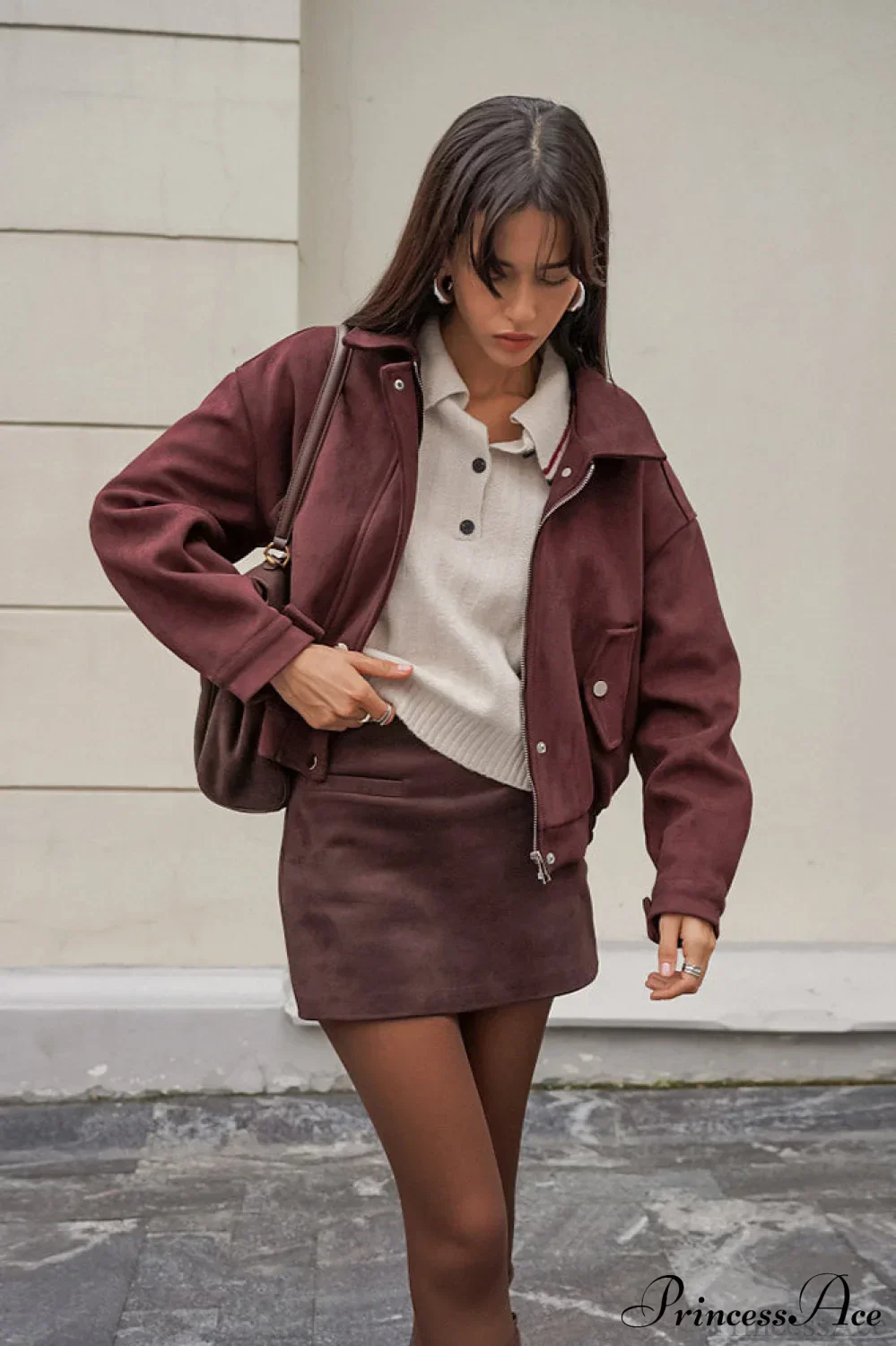 Reddish Brown Suede Collared Oversized Retro Coat - Image 3