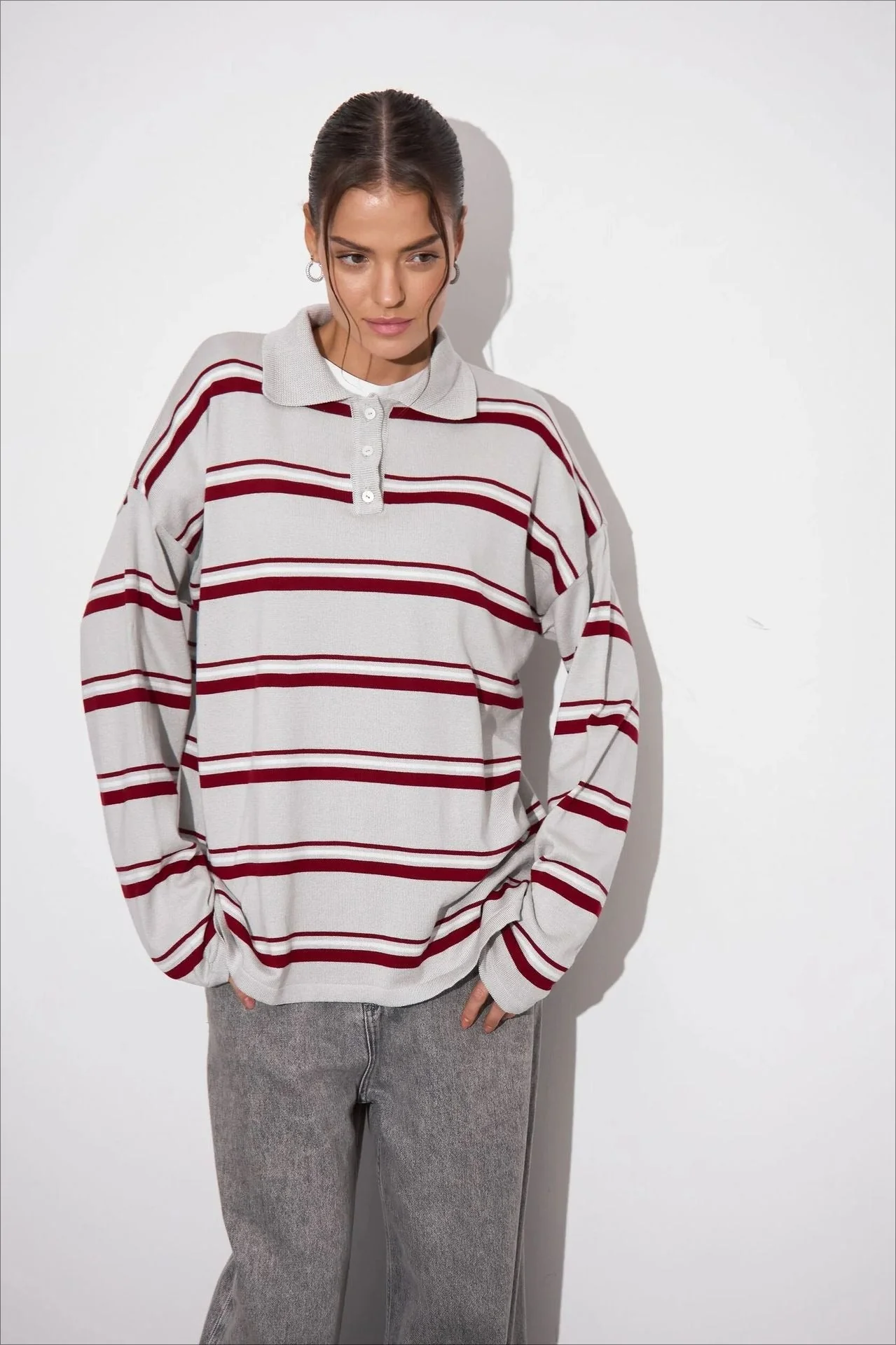Relaxed Collared Striped Long Sleeve Blouse - Image 3