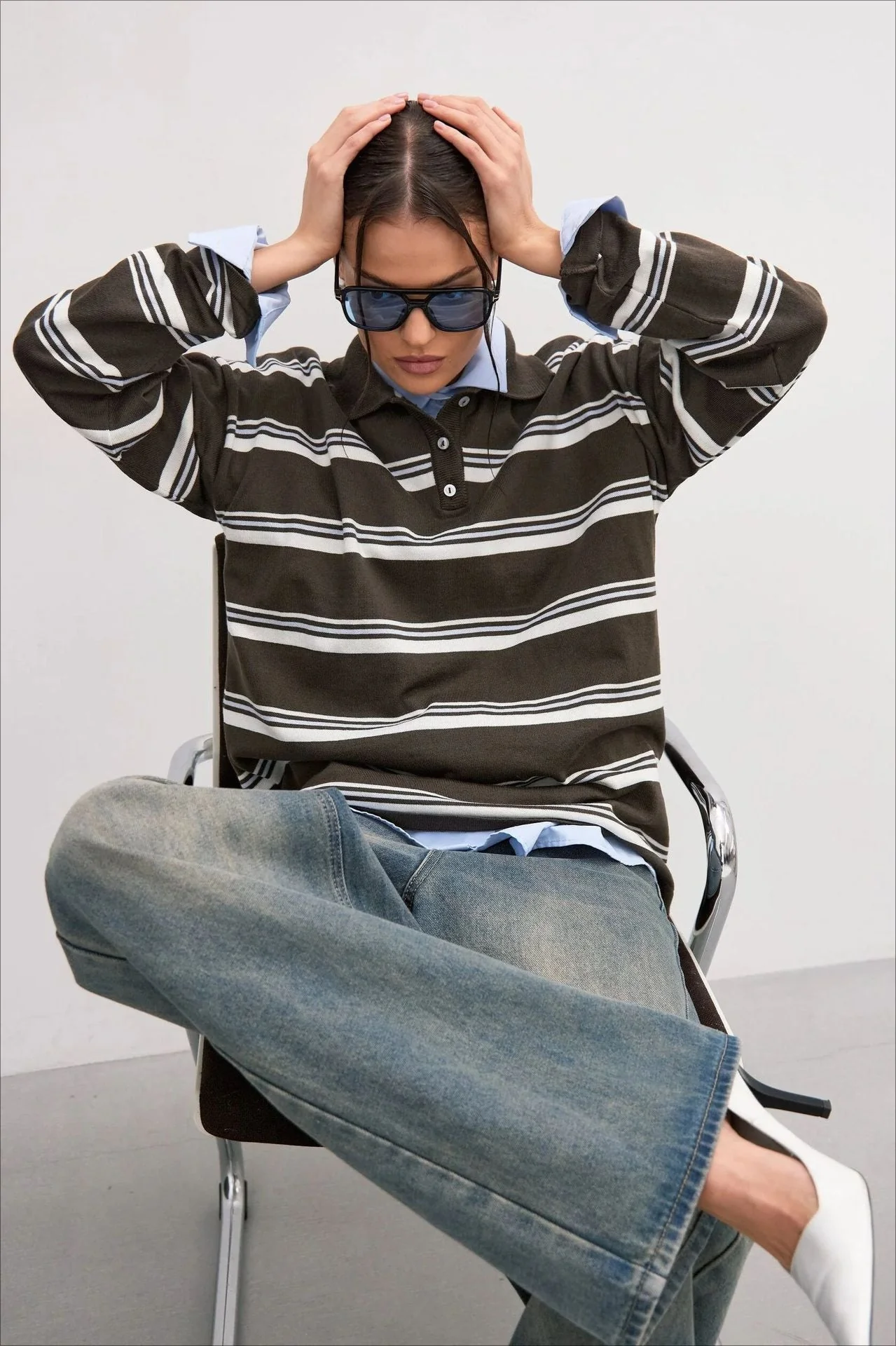 Relaxed Collared Striped Long Sleeve Blouse - Image 4