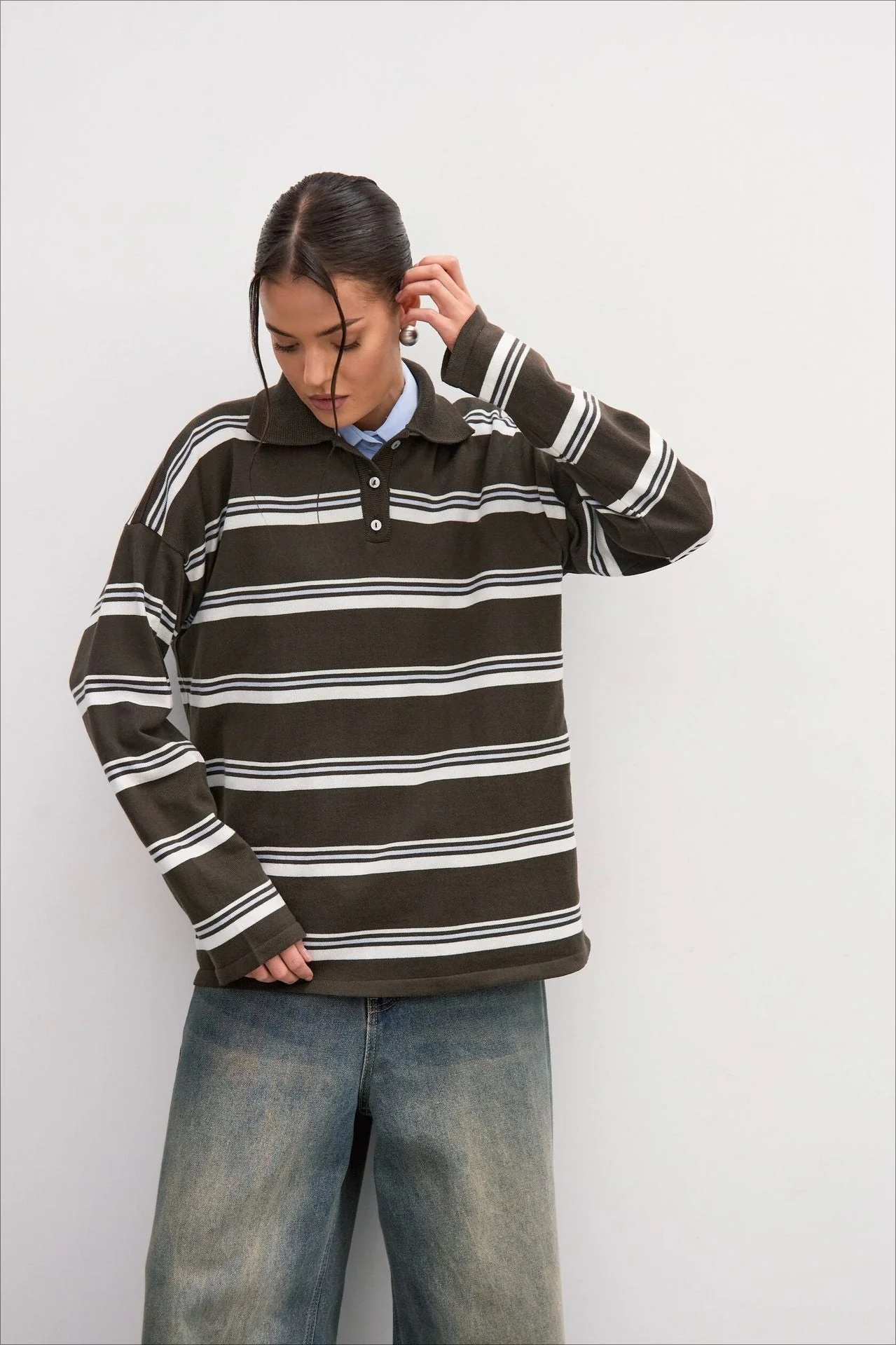 Relaxed Collared Striped Long Sleeve Blouse - Image 5