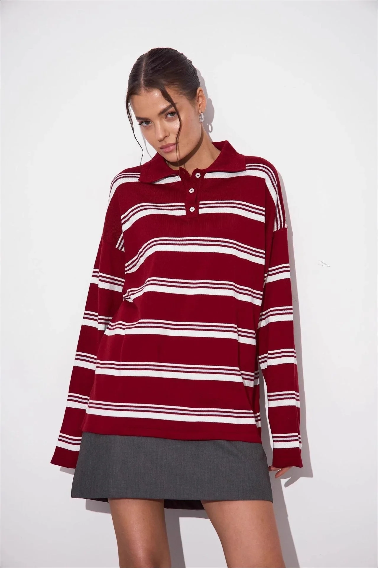 Relaxed Collared Striped Long Sleeve Blouse - Image 7
