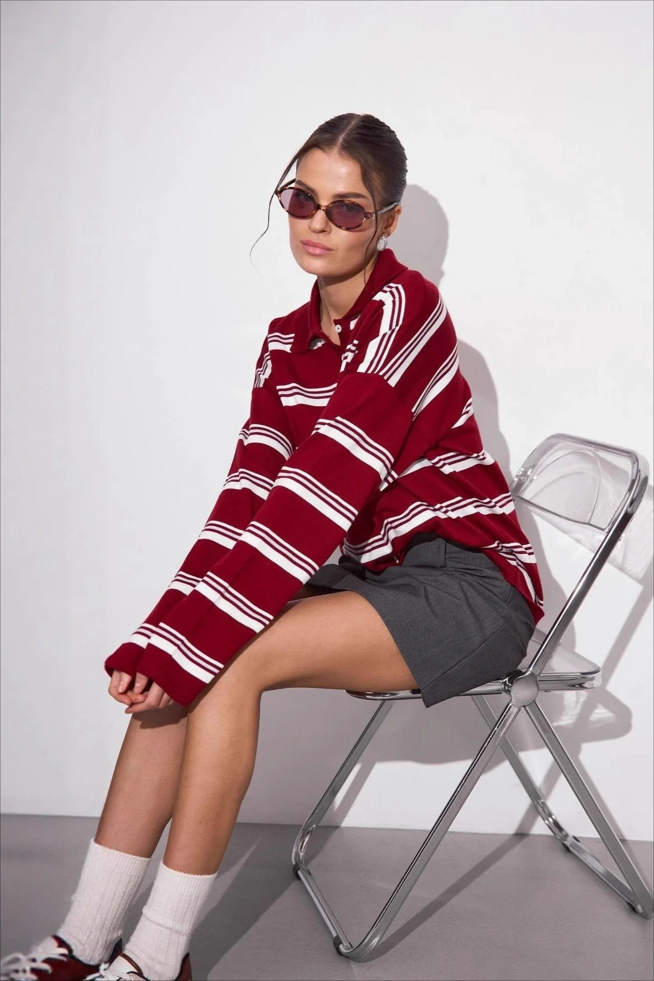 Relaxed Collared Striped Long Sleeve Blouse - Image 8