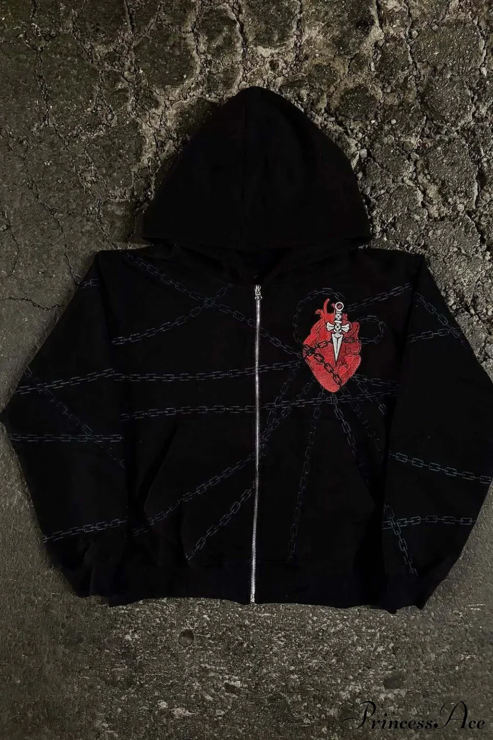 Relaxed Fit Chain Heart 3D Embroidery Print Hoodie - Image 2