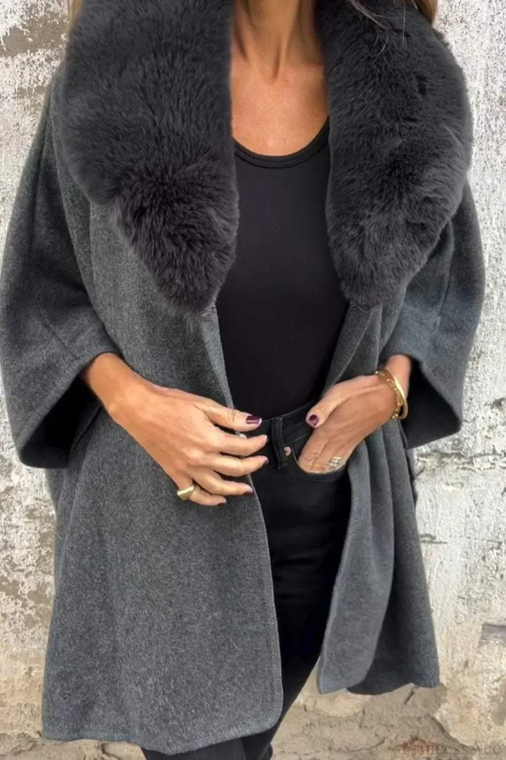 Relaxed Long Sleeve Wide Lapel Fur Collar Cape Overcoat - Image 4