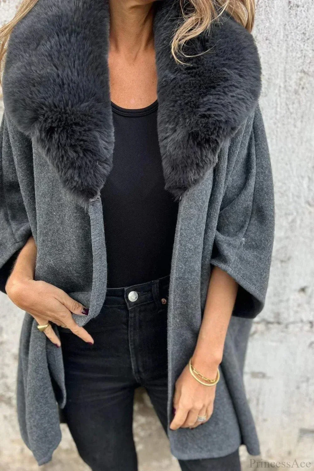 Relaxed Long Sleeve Wide Lapel Fur Collar Cape Overcoat - Image 5