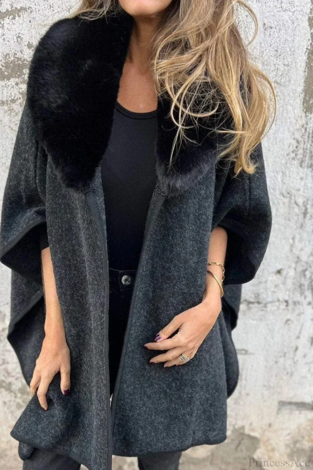 Relaxed Long Sleeve Wide Lapel Fur Collar Cape Overcoat - Image 7