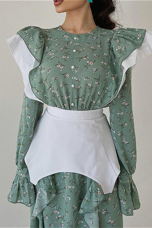 Removable Belt Long Sleeve Casual Floral Dress - Image 4