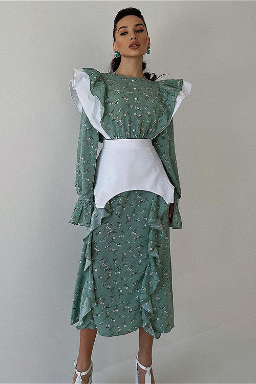 Removable Belt Long Sleeve Casual Floral Dress - Image 5