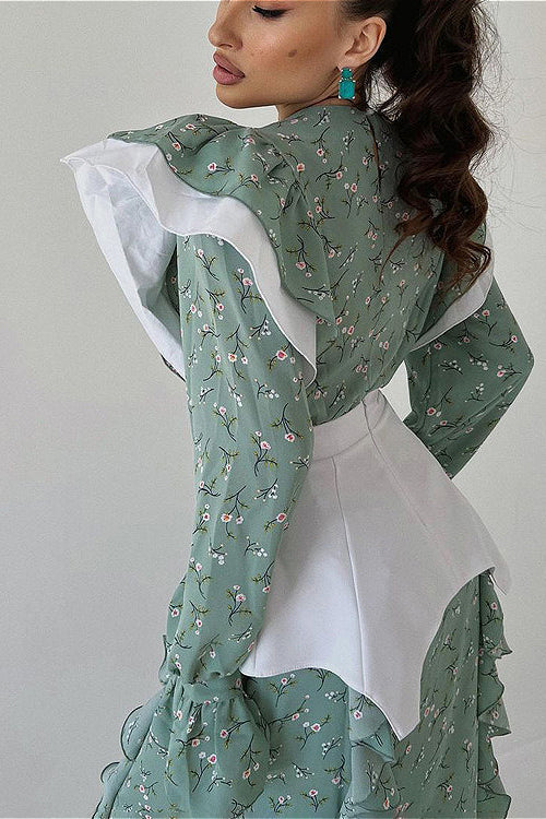 Removable Belt Long Sleeve Casual Floral Dress - Image 6
