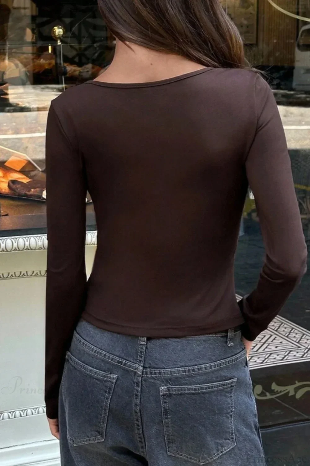 Resin Bead Metal Decor Ruched V Neck Fitted Long Sleeve Tee - Image 4