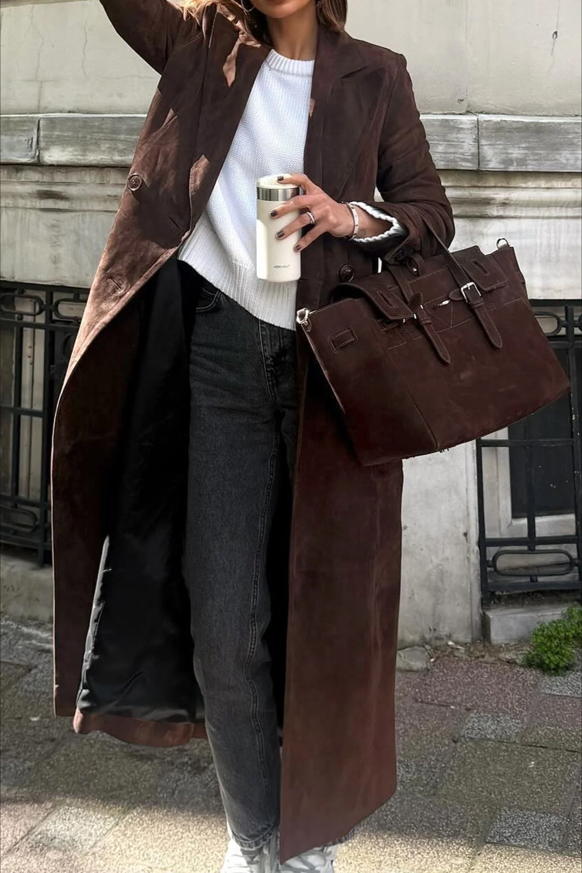 Retro Brown Belted Waist-Tie Long Overcoat - Image 2
