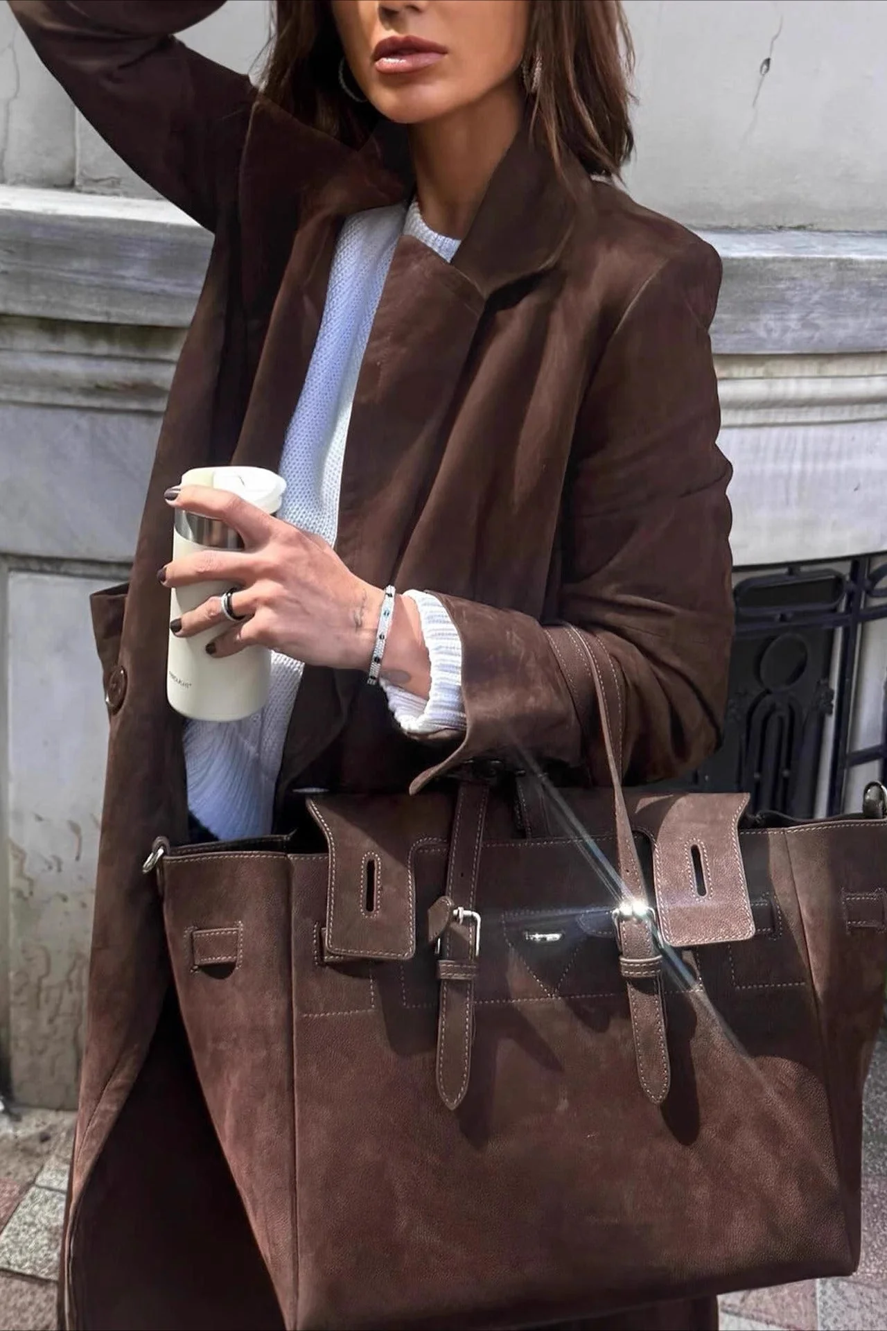 Retro Brown Belted Waist-Tie Long Overcoat - Image 3