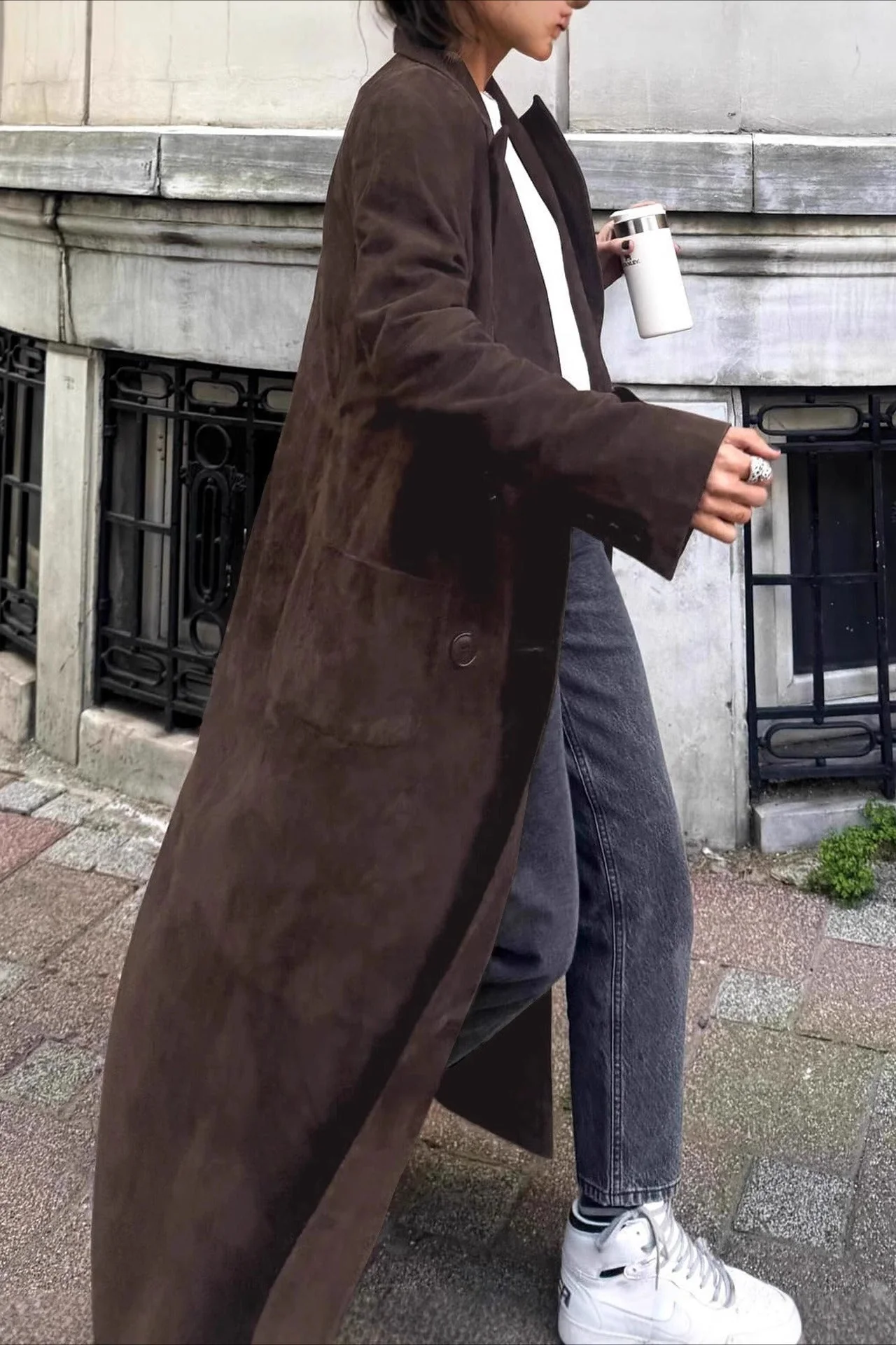 Retro Brown Belted Waist-Tie Long Overcoat - Image 4