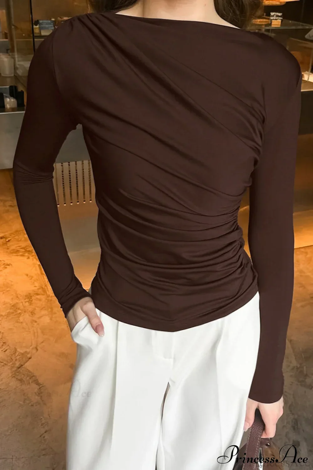Retro Brown Slim Crew Neck Waist Cinched Long Sleeve Tee - Image 2