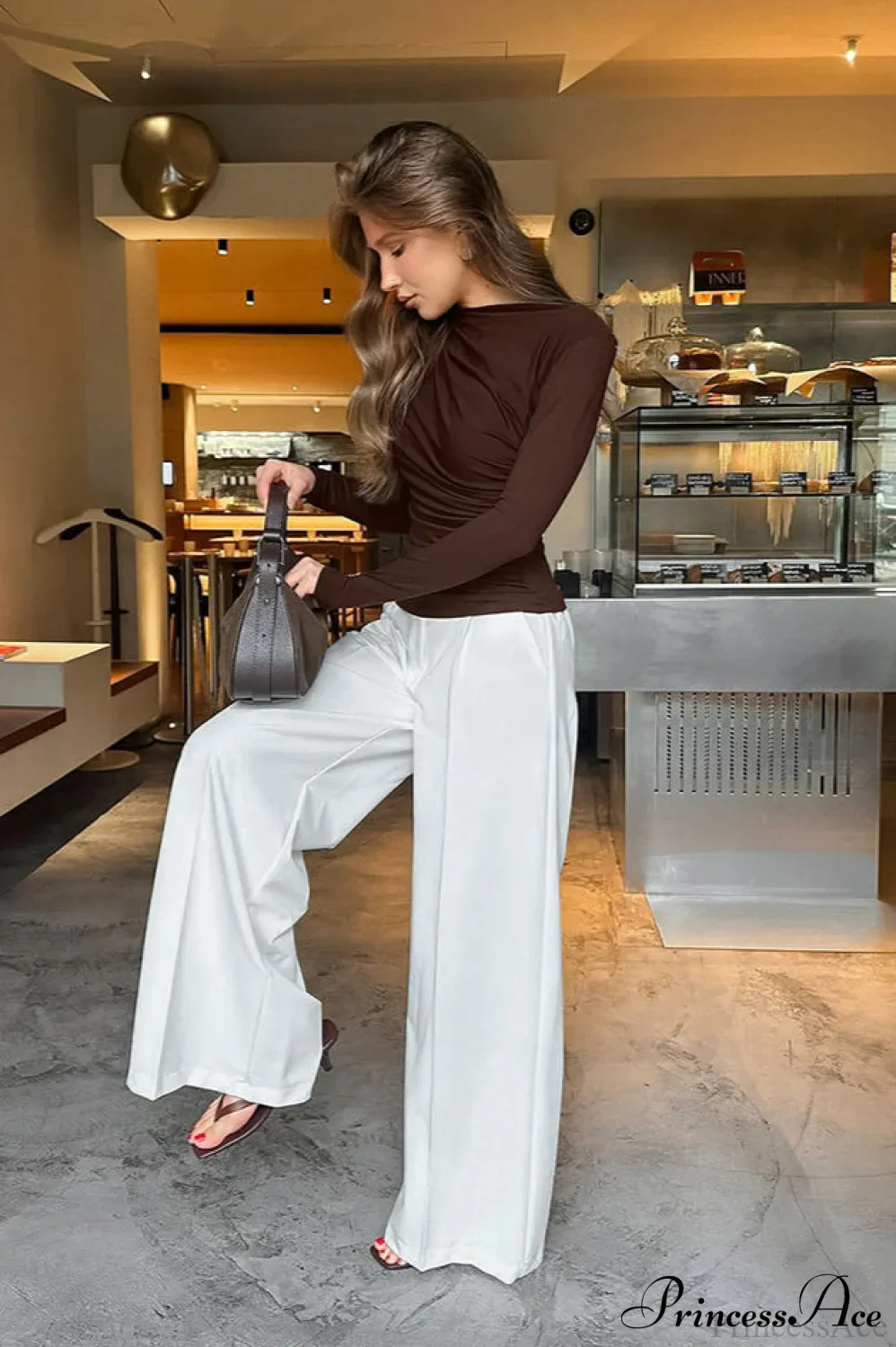 Retro Brown Slim Crew Neck Waist Cinched Long Sleeve Tee - Image 4