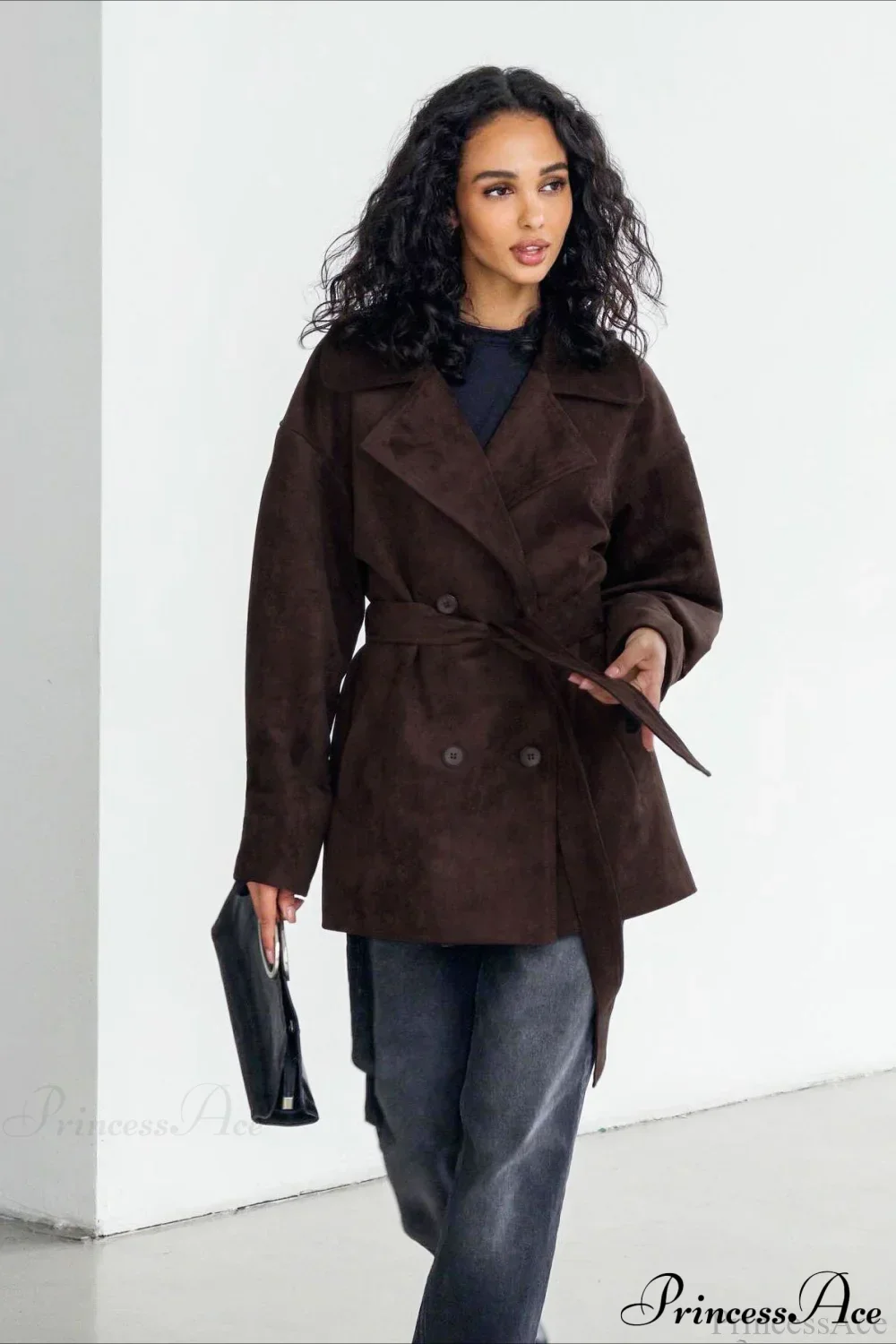 Retro Brown Suede Jacket Tied Coat - Image 2