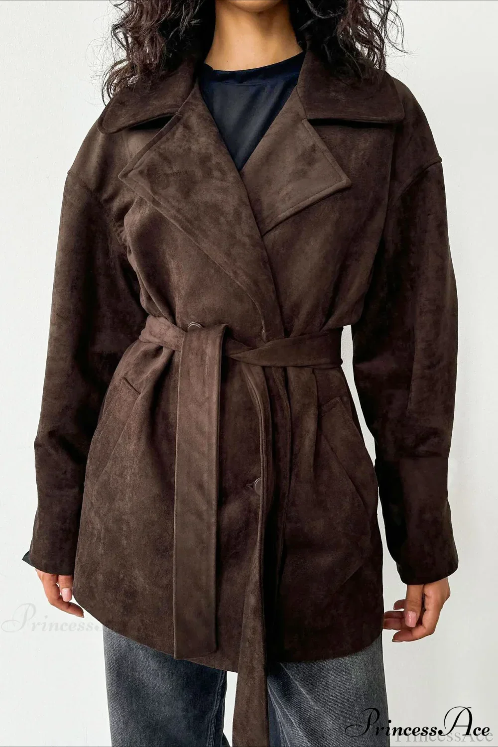 Retro Brown Suede Jacket Tied Coat - Image 3