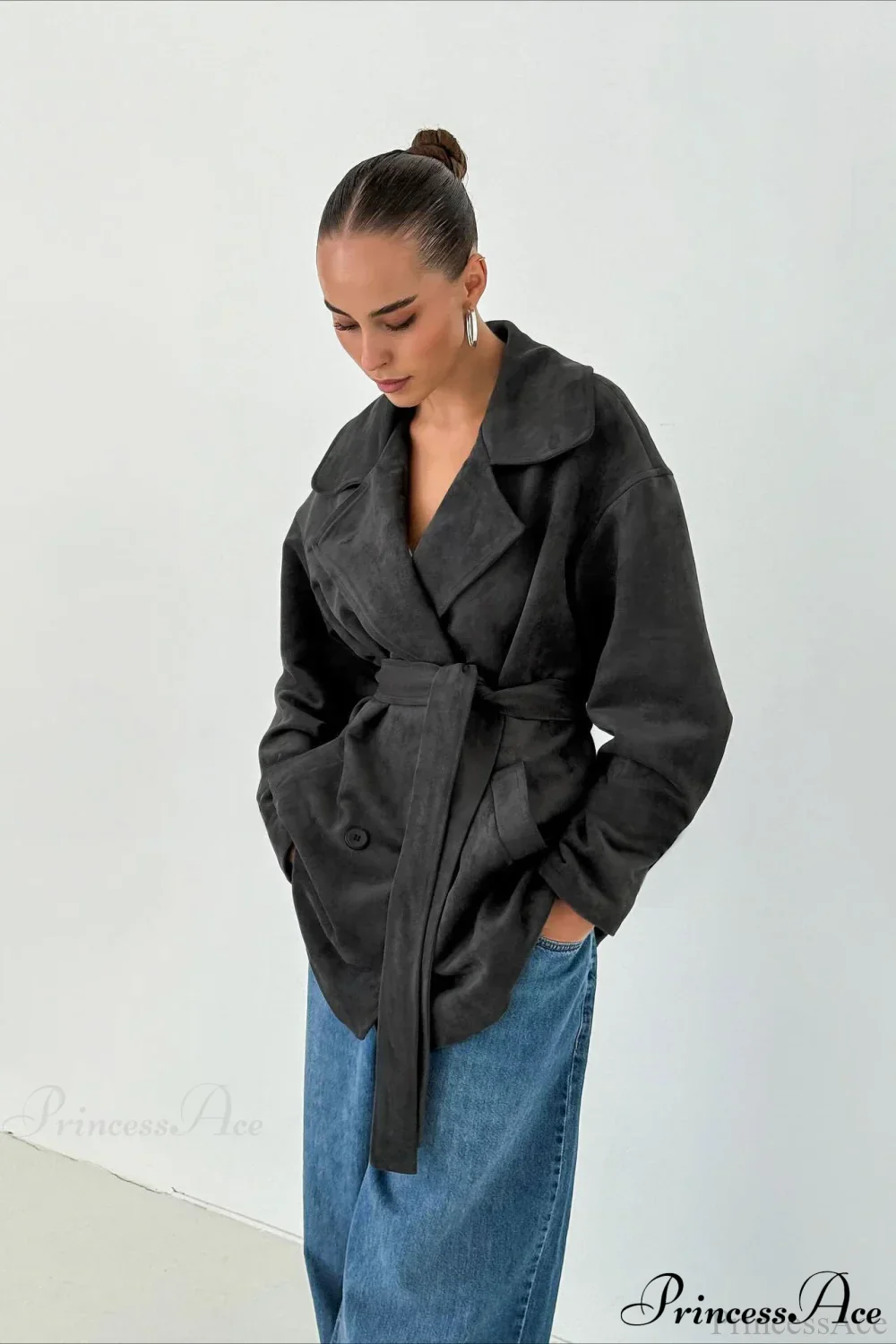 Retro Brown Suede Jacket Tied Coat - Image 4