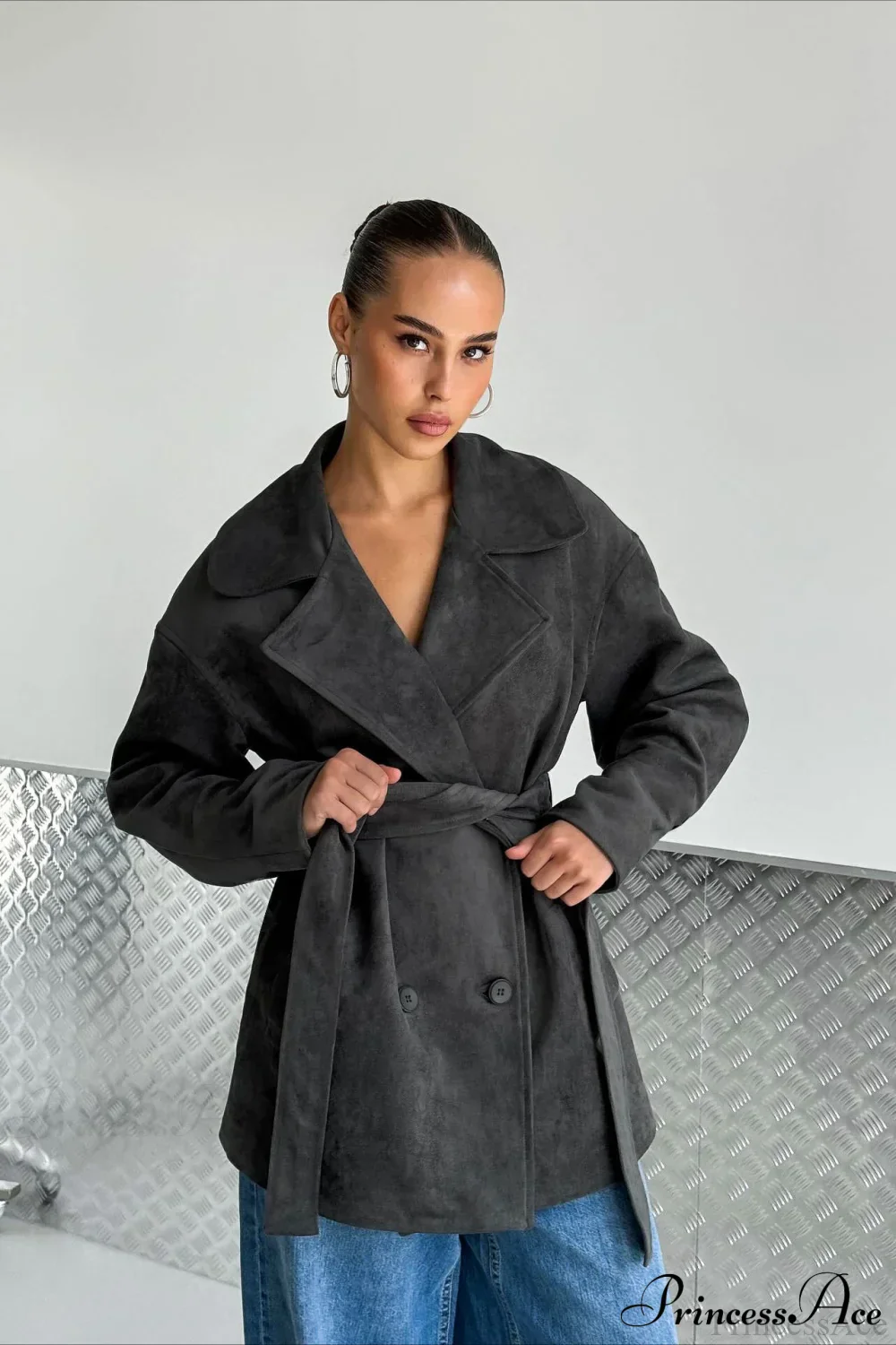 Retro Brown Suede Jacket Tied Coat - Image 5