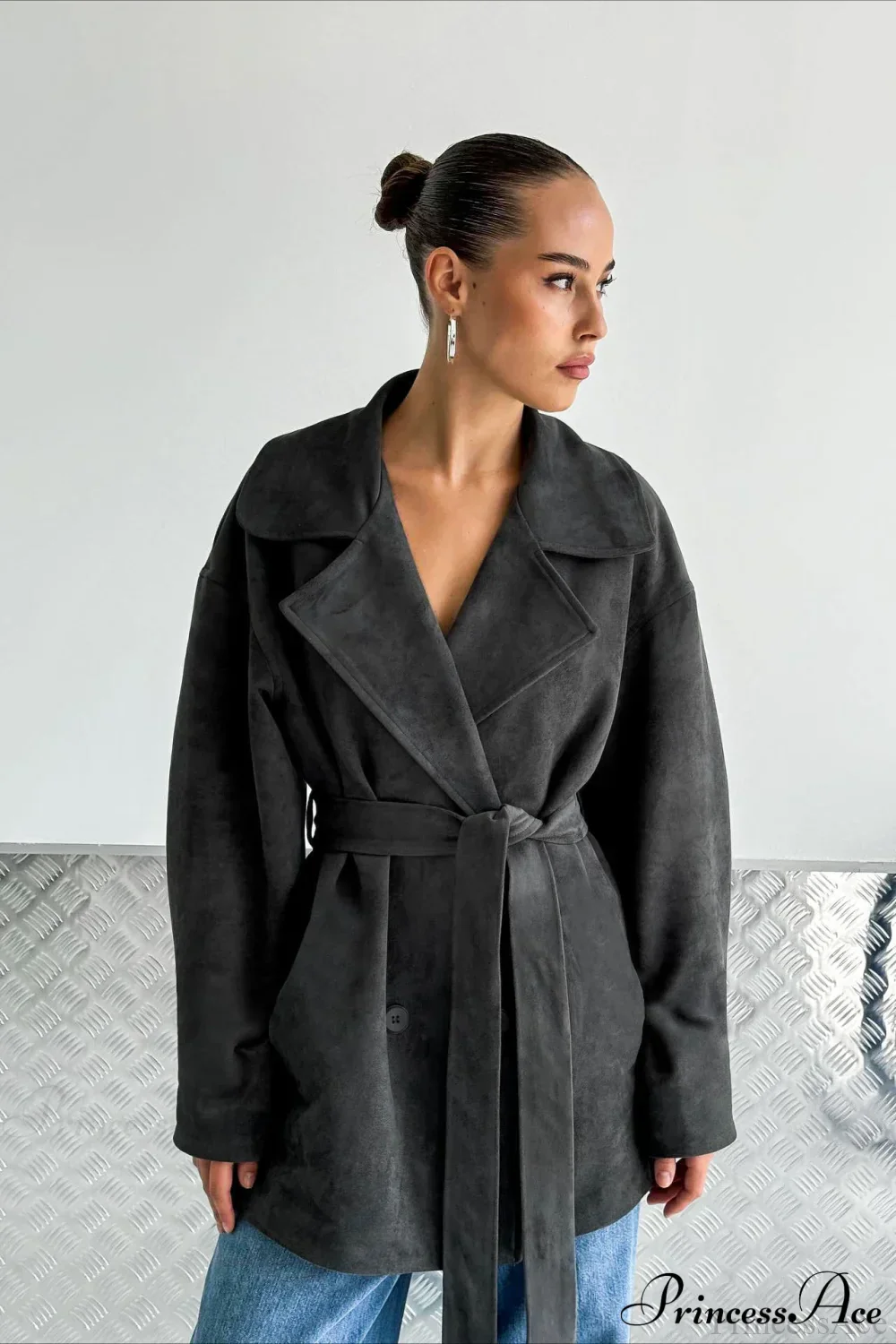 Retro Brown Suede Jacket Tied Coat - Image 6