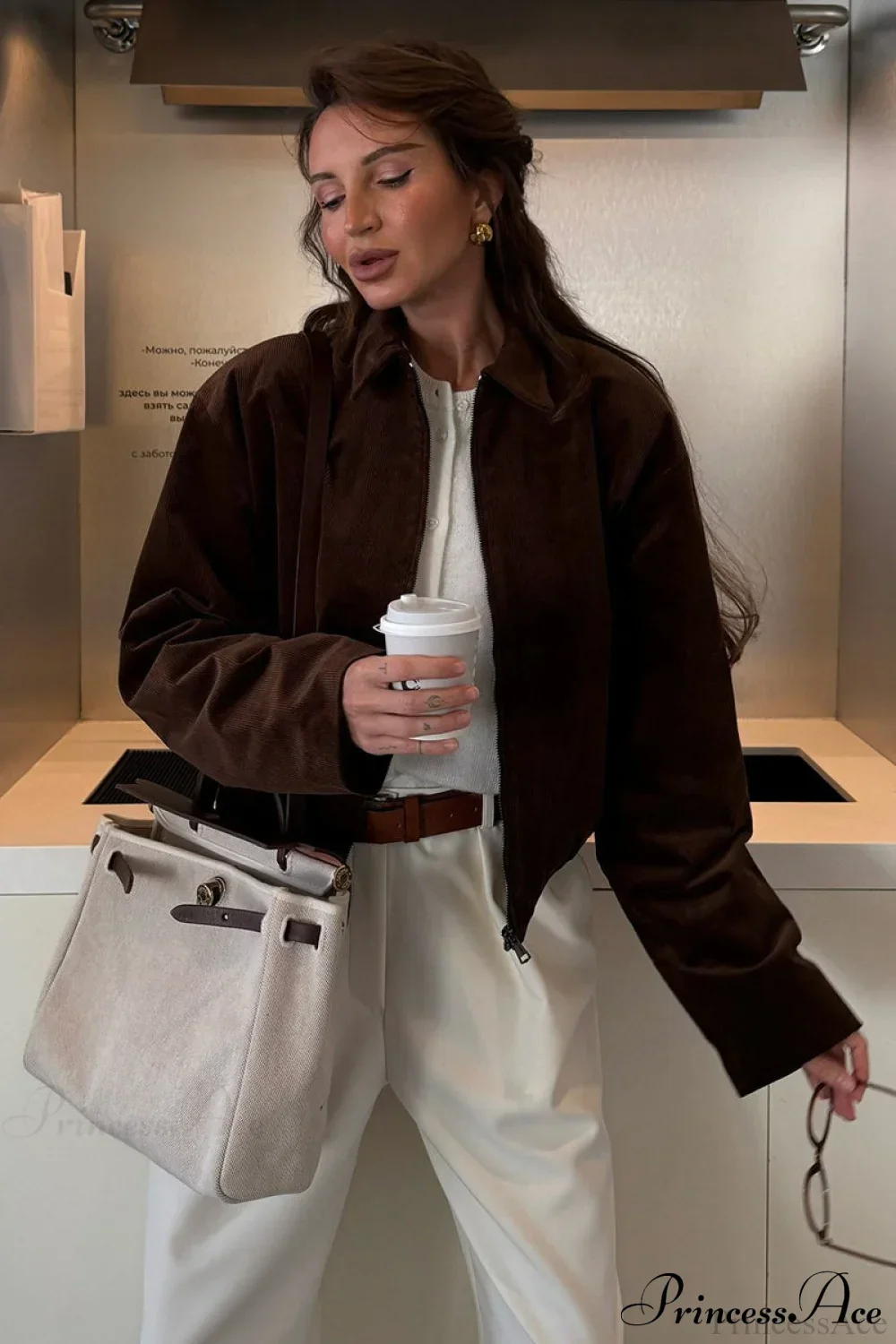 Retro Coffee Cotton Corduroy Zip Jacket - Image 6