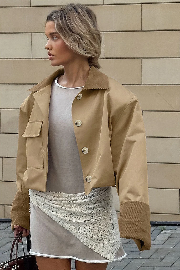 Retro Color Block Collared Utility Cropped Casual Jacket - Image 2