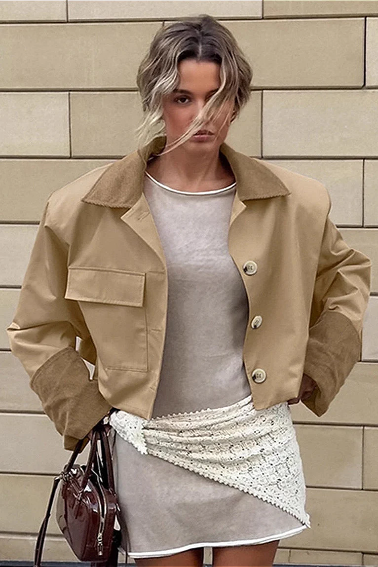 Retro Color Block Collared Utility Cropped Casual Jacket - Image 3