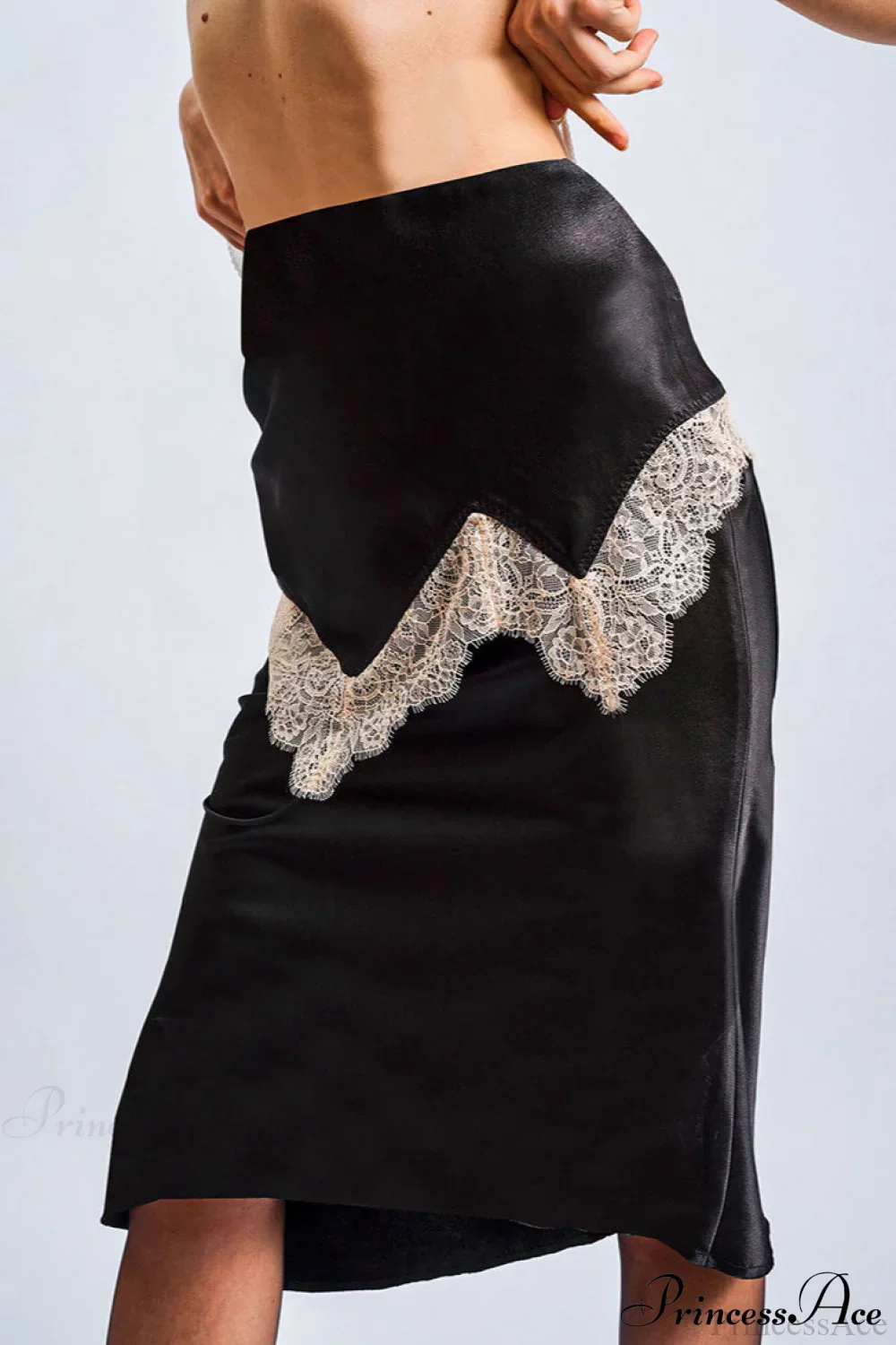 Retro Color Block Lace Panel Slim Skirt - Image 4