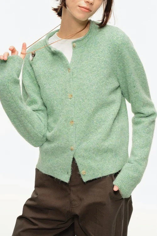 Retro Crew-Neck Green Knit Cardigan - Image 2