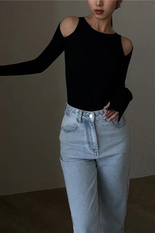 Retro Crew Neck Off-Shoulder Split-Cuff Slim Knit Top - Image 10