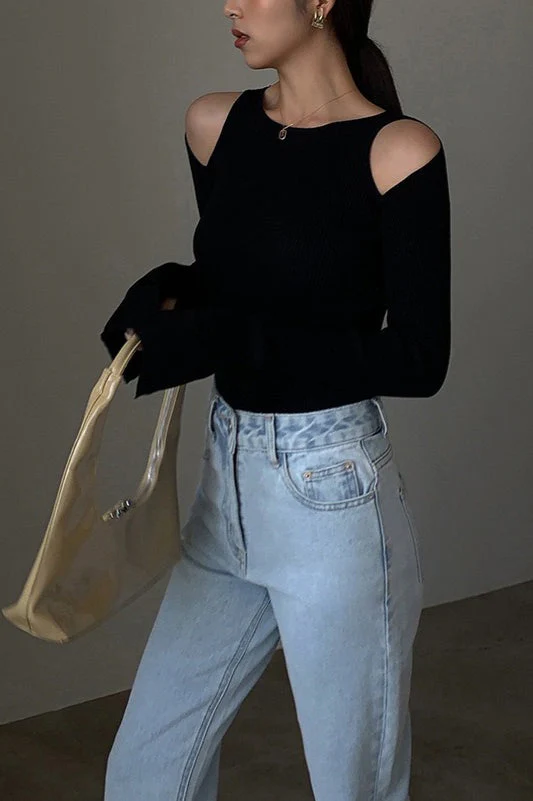 Retro Crew Neck Off-Shoulder Split-Cuff Slim Knit Top - Image 11
